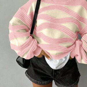 White And Light Pink Casual Women's Round Neck Striped Long Sleeve Knit Sweater